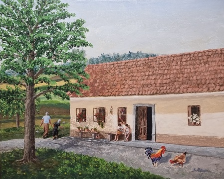 ...je treba krompir okopat, akril-platno, 40x50 cm, 2025, Silvester Zdovc